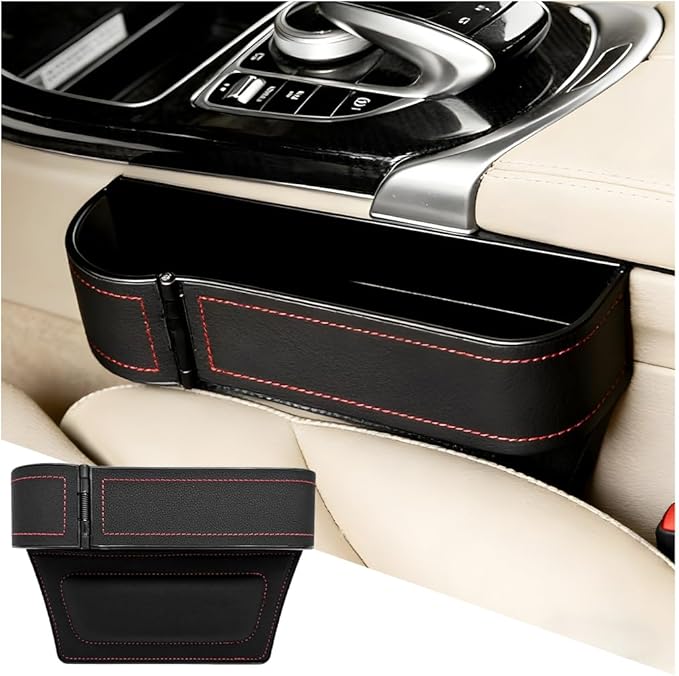 Car Seat Gap Filler Organizer with Cup Holder Expander, Leather Console Seam Filler Storage Box, Auto Front Seat Gap Organizer for Phones Keys Glasses, Universal Fit (Black/Red Driver)