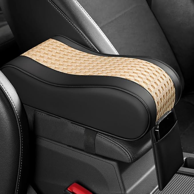 Car Armrest Cushion, Memory Foam Auto Center Console Armrest Pillow Pad with Storage Bag, Breathable Leather Car Middle Console Protective Pad with Phone Holder Relieve Elbow Pressure (Beige)