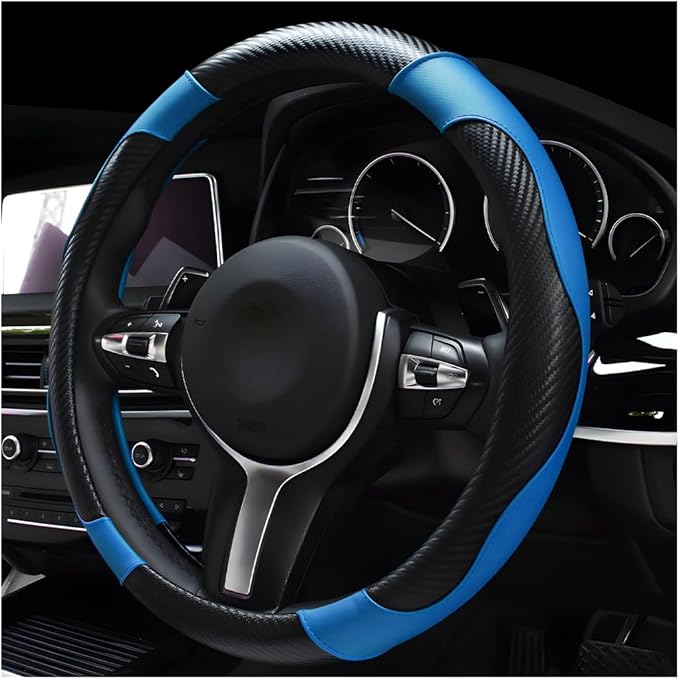 Car Steering Wheel Cover, 15 Inch Carbon Fiber Leather Stitching Color Steering Wheel Protector, Anti-Slip Elastic Breathable Steering Wheel Cover Stylish Decor for Most Cars (Black&Blue)