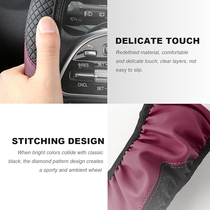 Car Steering Wheel Cover, 15 Inch Carbon Fiber Elastic Vehicle Steering Wheel Protector, Breathable Leather Auto Wheel Covers for Women Men, Interior Car Accessories (Wine Red, AD)