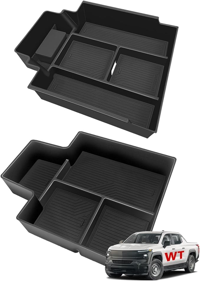 BestEvMod 2PCS Center Console Organizer Trays Fit for Chevrolet Silverado EV 2024 2025 Pickup Armrest Storage Box ABS Material with PVC Trim Not Fit ICE or RST Models (Top + Bottom)