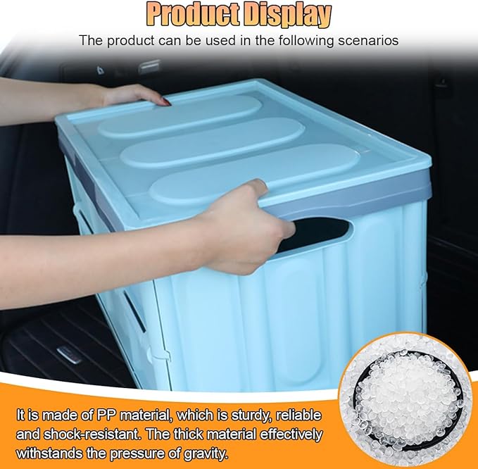 Car Trunk Organizer, Foldable Plastic Cargo Storage Box with Lid, Large Car Tool Container with Handles, Universal Automotive Organization Accessories for Camping, Groceries (Blue)