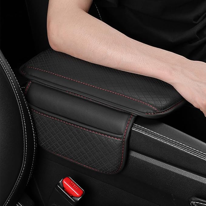Cxtiy Upgraded Car Center Console Cover,Microfiber Leather Car Armrest Cover Cushion with 2 Storage Bags,Universal Car Armrest Storage Box Car Interior Accessories for Most Vehicles (Black-red)