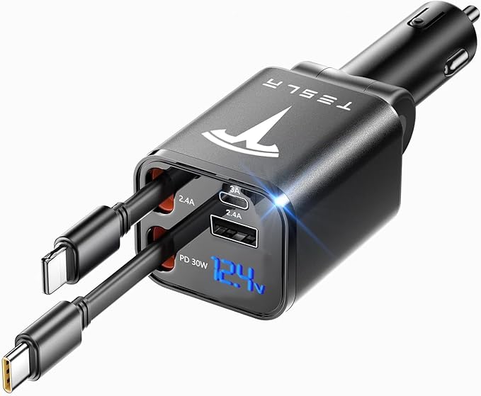 Retractable Fast Phone Charger Compatible with Tesla Model Y 3 X S, 4 in 1 Car Phone Charger Adapter 60W, USB C and Lightning Charger, Model Y 3 X S Accessories 2025-2018, 2.6ft