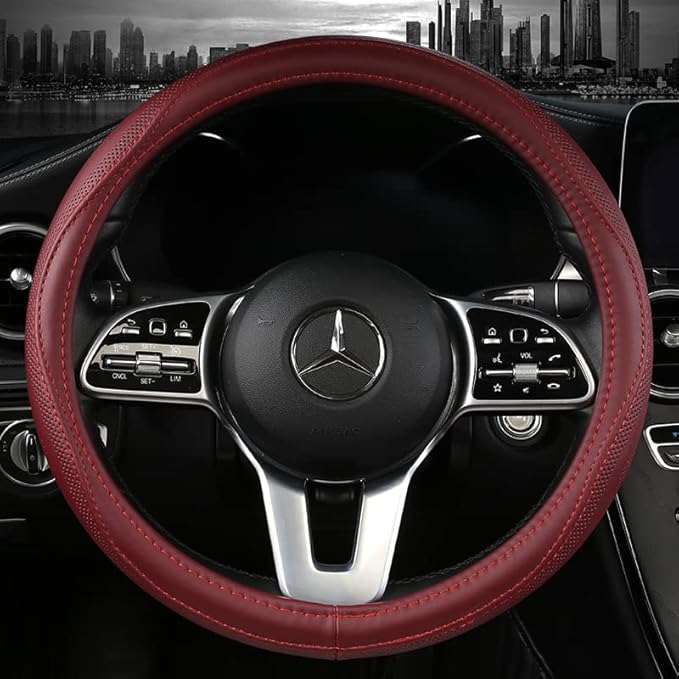 Cowhide Steering Wheel Cover Heat Resistant Anti-Slip Car Wheel Wrap Compatible with Most Makes and Models of Cars and Trucks with 14.5 to 15 Inch Steering Wheel(RED)
