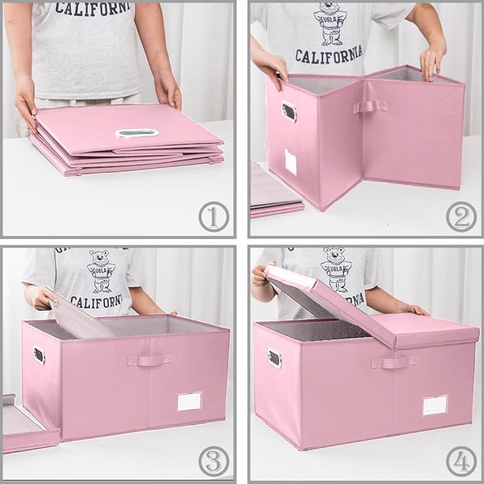 PRANDOM Collapsible Storage Box with Lid [3-Pack] Leather Fabric Foldable Storage Bin Organizer Container Basket Cube with Cover for Home Bedroom Closet Office Nursery Pink(22.8X15.7X11.8)