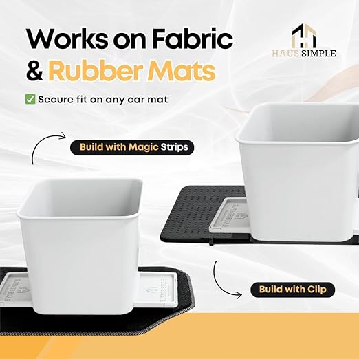 HAUSSIMPLE Car Trash Can 2L with Stability Wings & Velcro for Extra Stability – Magic Strip & Clip for Fabric & Rubber Mats – Durable Plastic, Easy Pull Trash Bags Included – White