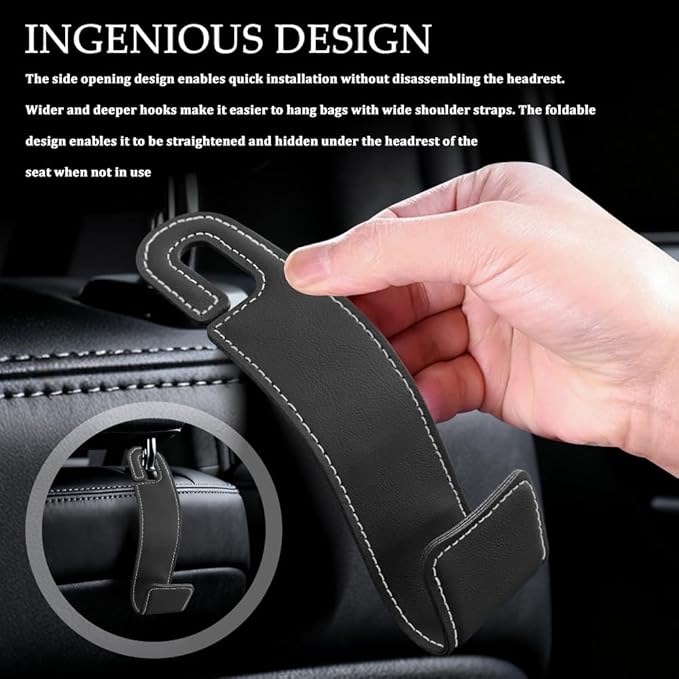 1PCS Purse Holder for Car, Purse Hook for Car, Leather Headrest Hooks for Automotive Back Seat, Auto Accessories Back Seat Organizer Hook for Grocery Bag Handbag Coat (Black, 1PCS)