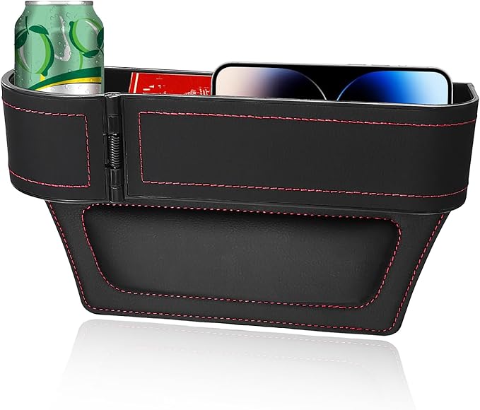 Car Seat Gap Filler Organizer, Auto Leather Seat Organizer with Adjustable Cup Holder, Multifunctional Side Insert Center Console Storage Box for Phone Drink Sunglasses (Black & Red)