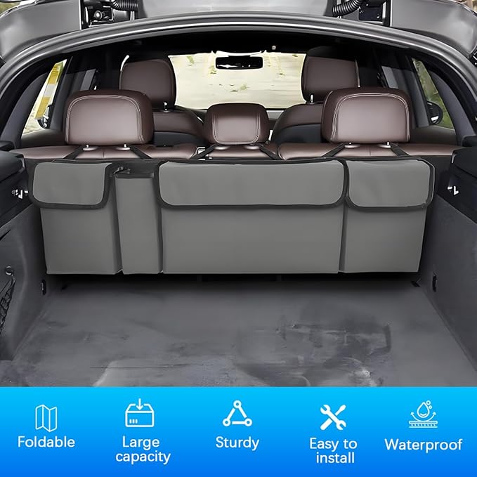 Car Trunk Organizer with Lid, Large Waterproof Vehicle Backseat Hanging Storage Bag with 4 Pockets & Adjustable Straps, Collapsible Automotive Interior Cargo Bag, Universal Fit (Grey)