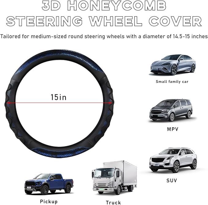 Car Steering Wheel Cover, 15 Inch Leather Round Comfy Grip Steering Wheel Protector, Anti-Slip Steering Wheel Cover with 3D Honeycomb for Most Vehicles, Car Accessories (Blue)