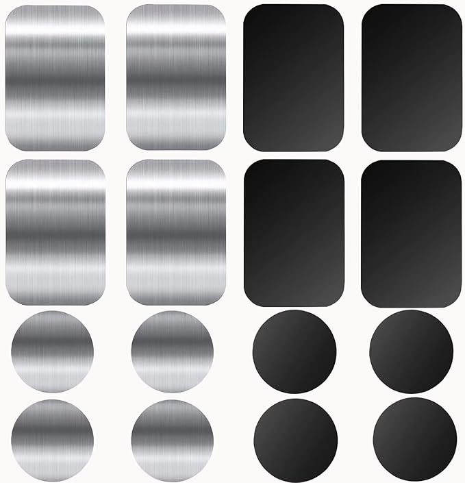 Adhesive Thin Metal Plates(Compatible with Magnetic Mounts),16PCS Metal Plates for Phone Case,(8 Rectangle and 8 Round) S-07N(Black+Silver)