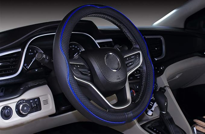 Mayco Bell Small Size Steering Wheel Cover Anti-Slip,Safety,Soft,Breathable,Durable,Full Surround,Comfortable Grip Microfiber Leather (14-14.25 inch,Black Dark Blue)