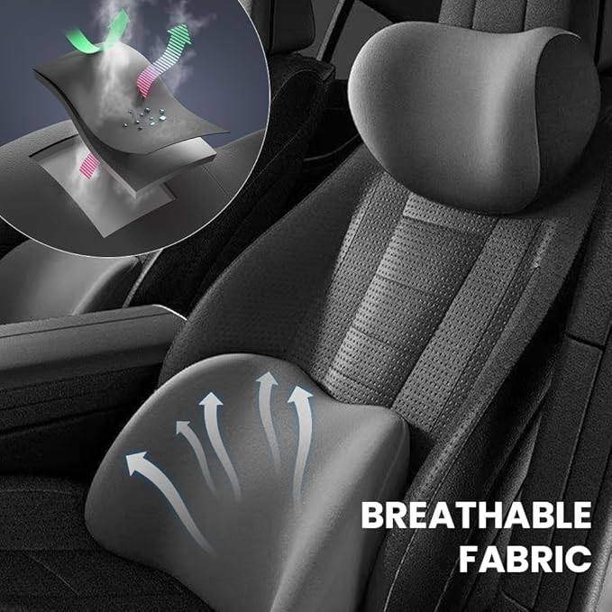 Car Headrest & Lumbar Support Cushion, 2025 Upgrade Car Lumbar Support Pillow and Car Neck Pillow Kit, Ergonomic Car Seat Headrest & Lumbar Cushion for Neck Back Pain Relief (Grey)