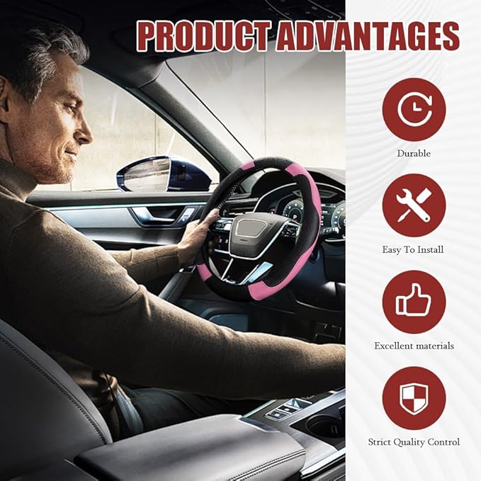 Car Steering Wheel Cover, Steering Wheel Protector, Universal 14.5-15 Inch Microfiber Leather Breathable Auto Steering Wheel Covers, Carbon Fiber Steering Wheel Cover for Women Men (Pink)