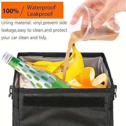 Cute Car Trash Can with Lid – Multipurpose Collapsible Trash Bin for Car, Leak-Proof Organizer, Waterproof Garbage Can with Storage Pockets & Adjustable Straps, 2 Gallons (Black)