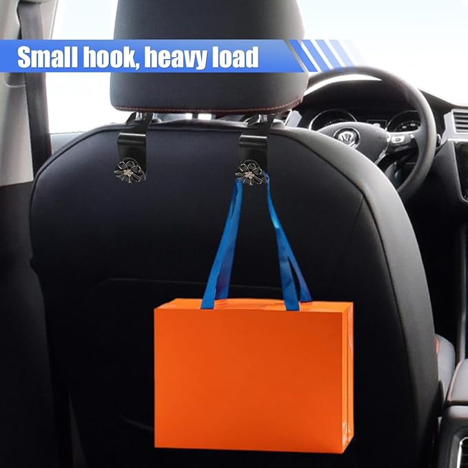 Craedli 2PCS Bling Flower Car Seat Headrest Hook, Cute Rhinestones Car Mini Hook Auto Back Seat Hanger Organizer, Portable Vehicle Interior Bag & Purse Storage Holder for SUV, Sedan, Truck (Black)