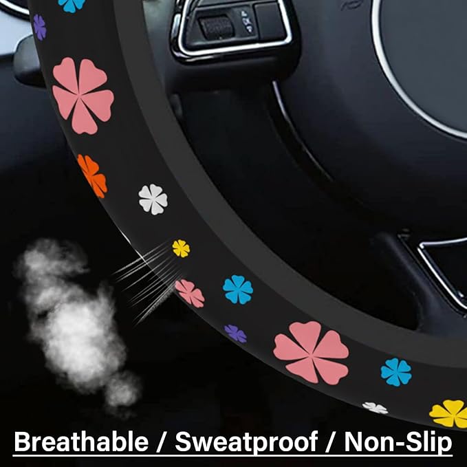 Steering Wheel Cover Neoprene Material Most Cars Men&Women Universal 15 inch Premium Non-Slip Spring Steering Wheel Protector Floral Car Accessories (Lucky Clever)