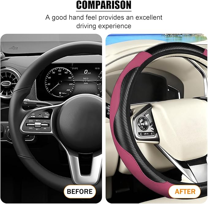 Carbon Fiber Car Steering Wheel Cover, 14.5-15 Inch Elastic Stretch Steering Wheel Guard, Sports Style Non-Slip Automotive Interior Accessories, Universal for Vehicles (Black/Wine Red)