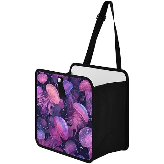 Car Trash Can Organizer Bin with Adjustable Strap for Back Front Seat Console Waterproof Leakproof Collapsible Portable 8.66 Inch Jellyfishes and Bubbles Pink