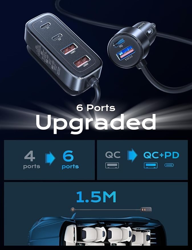 AINOPE 108W Multiple Ports Car Charger, Road Trip Essentials for Kids, Travel Essentials for Long Trips, 6-Port USB C Cigarette Lighter Adapter Fast Charging for iPhone 17 16 15 for iPad [+5FT Cable]