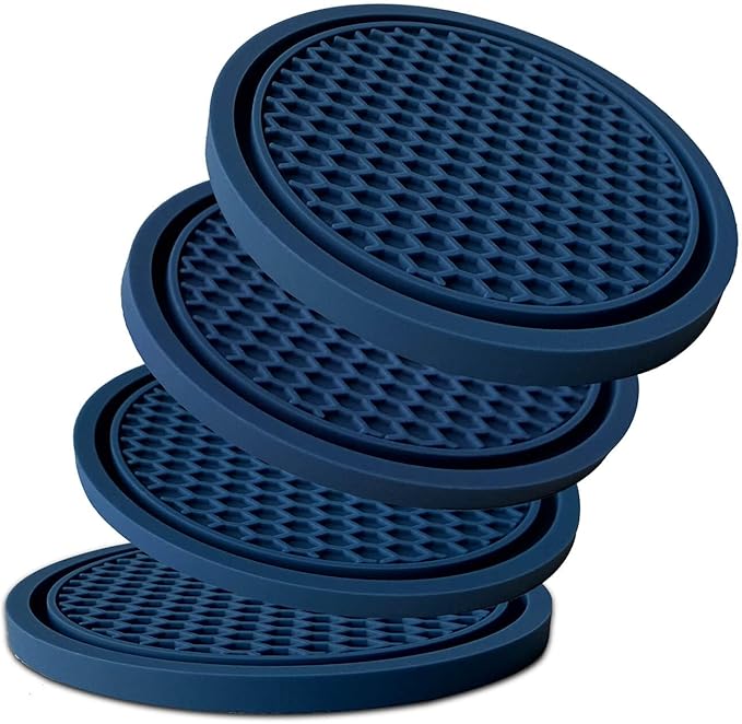 KULOLO Car Cup Holder Coaster 4 Pack - Non Slip & Shockproof,Flexible PVC Rubber Insert for Car/Truck/SUV/Van (2.75"x0.2") Universal Fit Auto Cup Holders Accessories for Women and Man (Navy Blue)
