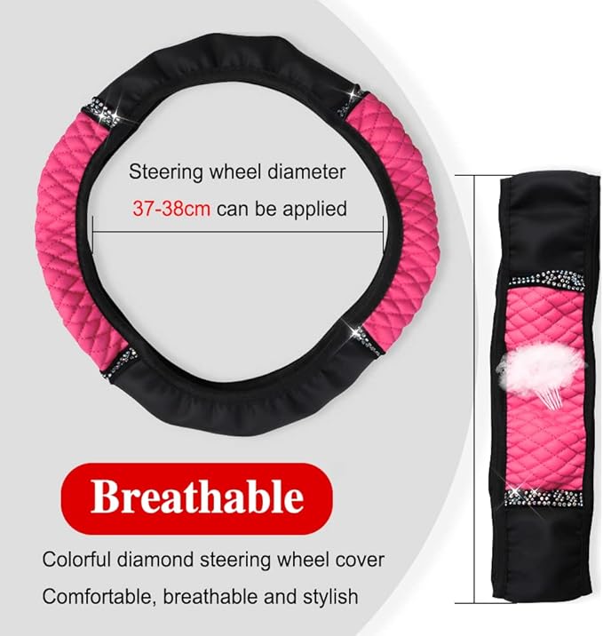 Bling Soft Leather Steering Wheel Cover, Anti-Slip Car Steering Wheel Protector, 15 Inch Rhinestones Soft Leather Elastic Steering Wheel Protector for Women Girls, Car Accessories for Most Cars