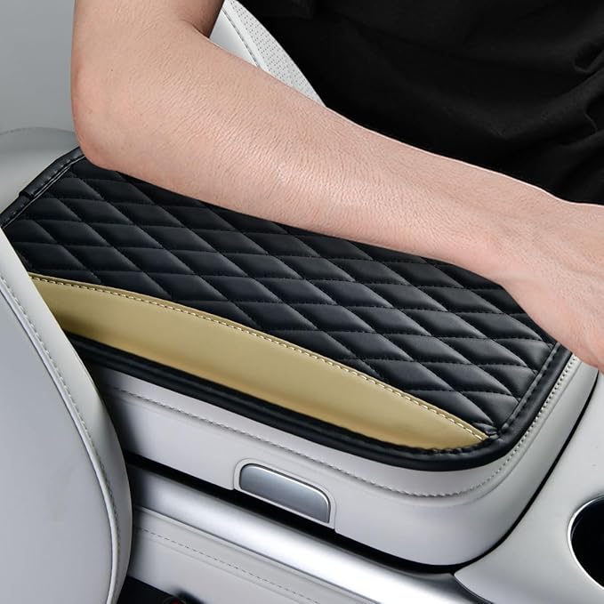 Car Center Console Cover, PU Leather Waterproof Vehicle Armrest Seat Box Protector, Automotive Interior Arm Rest Cushion Protection Accessories, Universal for SUV Sedan Truck (Black/Beige)