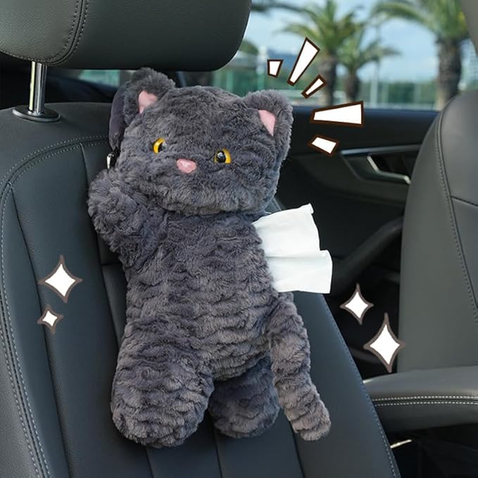 Cute Cat Car Tissue Holder Plush Kitten Paper Box for Backseat Adorable Hanging Organizer & Decor for Women Pet Lovers & Gifts (White)