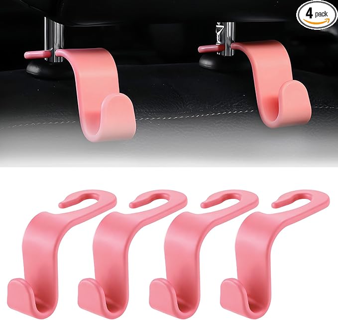 4 PCS Car Headrest Hooks - 360 Rotatable Auto Back Seat Storage Organizer, Universal Vehicle Car Organization Hangers for Purses, Bags, Cloths & Water Bottles Hook Seat Accessories, Pink