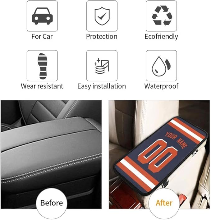 Custom Car Armrest Cover,Add Personalized Name and Number As Gifts for Loyal Football Fans,American Football Auto Center Console Pad Car handrail Box Cushion,Fit for Most Car Seat Box Cover Protector