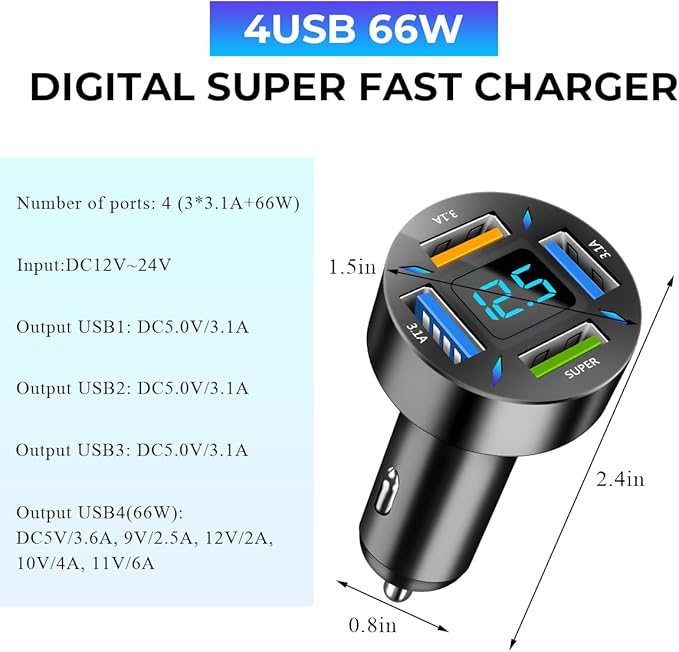 Augeny USB C Car Charger, 4 Port Auto Fast Charger with USB 66W, Cigarette Lighter USB Automotive Adapter Compatible with Most Mobile Cell Phone, Car Accessories (66W)
