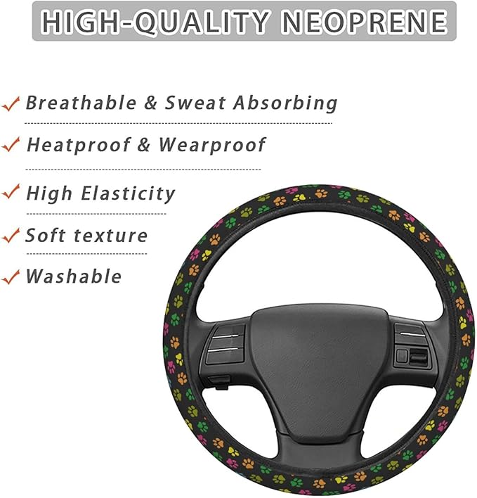 FeHuew Dog Paws Colorful Print Steering Wheel Cover for Women, Girls 15 inch Universal Auto Car Anti Slip Wrap Steering Wheel Covers Fit for Vehicles, Truck, SUV