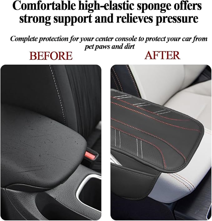 Car Center Console Cover, Soft Leather Sporty Armrest Protector Cushion with 2 Storage Pockets, Comfortable Auto Interior Middle Console Arm Rest Box Pad, Universal for Vehicles (Black)