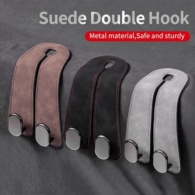 FEELIORX 2PCS Car hooks for headrests, Multifunctional luxury leather and magnesium alloy car seat backrests hooks and storage functions, (brown)
