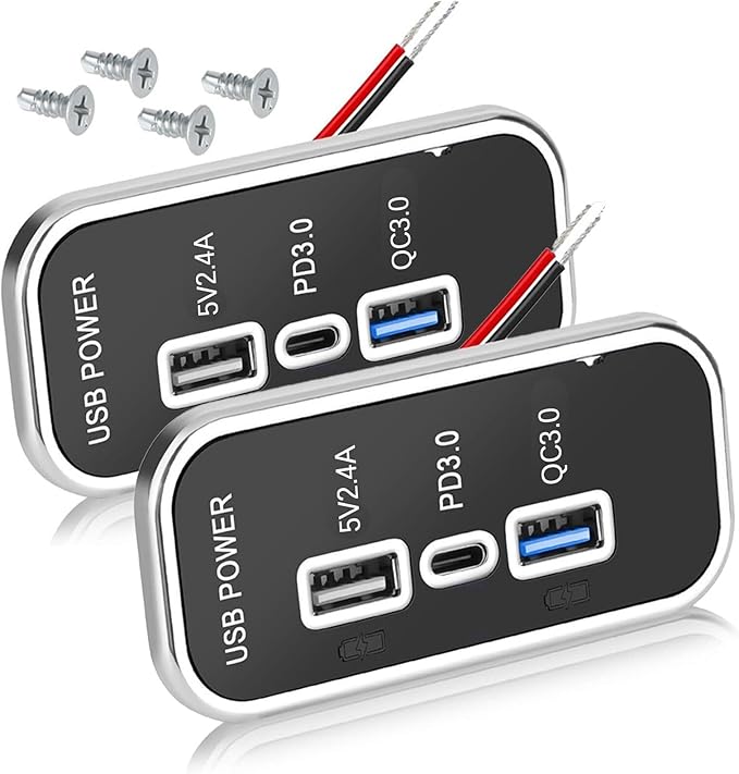 3 Ports 12V RV USB Outlet 45.5W, 2PCS PD3.0 Type-C Quick Charge & Dual USB A Port 3.1A Panel Wall Mount, Automotive Car Socket Charger Adapter for RV Marine Boat Bus ATV Motorcycle Truck,2PCs Silver