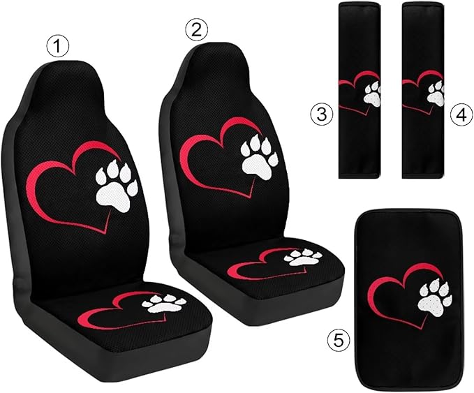 Psesaysky Love Heart Paw Full Set Car Interior Accessories Breathable Leather Front Seats Protectors, Auto Seat Belt Cover and Armrest Pad Cover,5 Pieces