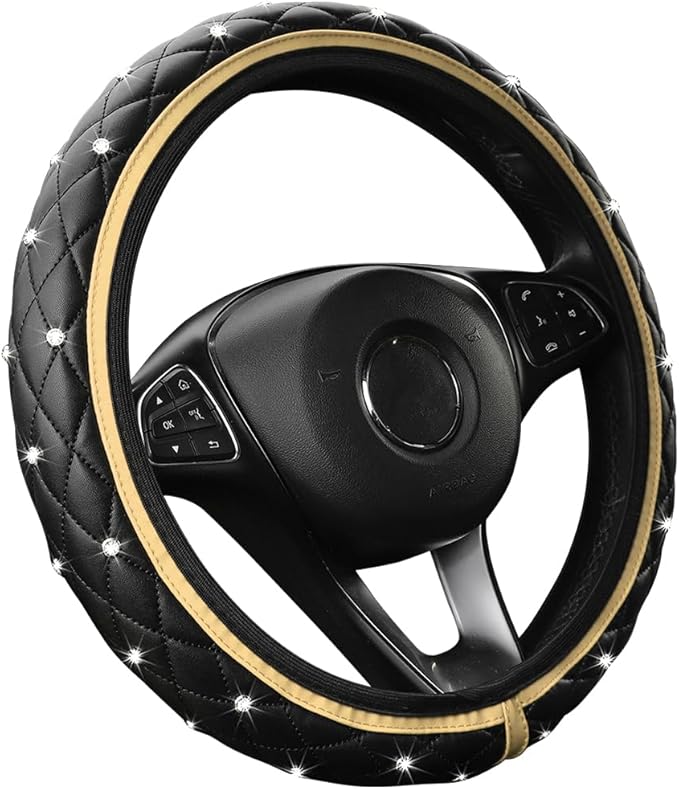 Bling Car Steering Wheel Cover, Rhinestones Elastic Leather Automotive Steering Wheel Protector, 15 Inch Sparkly Crystal Vehicle Interior Decor Accessories, Universal Fit (Beige)