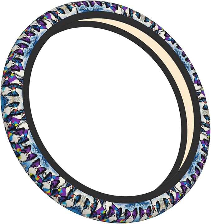 Multi-Color Papillon Dog Neoprene Steering Wheel Covers Women Men Car Accessories, Universal 15 Inch Fit Auto, Suvs, Truck