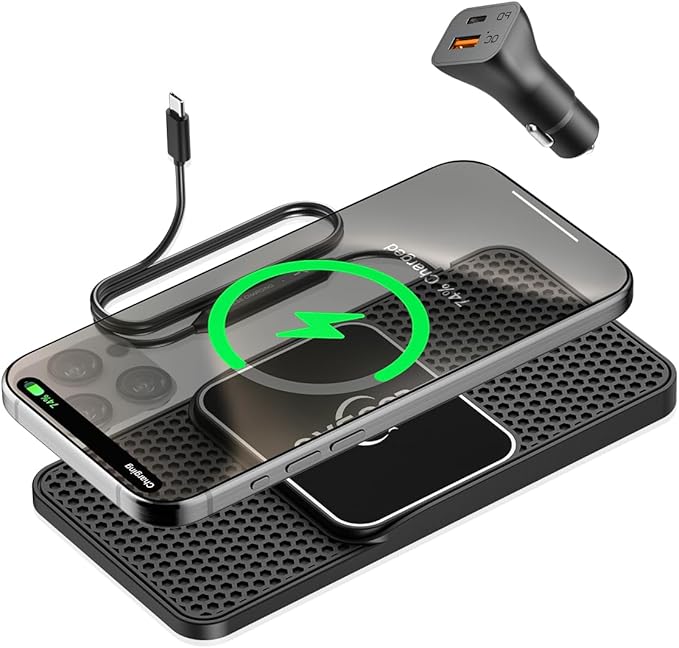 Magnetic Wireless Car Charger Pad，LOOSAU 15W for MagSafe Charger Non Slip Type C with 40W, for iPhone 17 Car Phone Wireless Charger Charging pad Fit for iPhone 16 15 Pro Max 14 13 12(1M Cable)