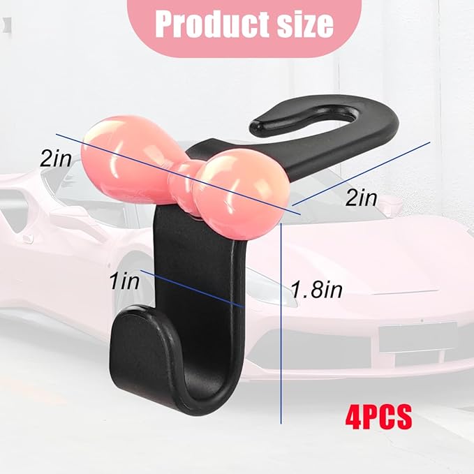 BELOMI 4PCS Car Seat Headrest Hooks, Cute Bow Vehicle Back Seat Hanger for Purses Bag, Auto Interior Backseat Storage Hanging Organizer Accessories, Universal for SUV Sedan Truck (Black)