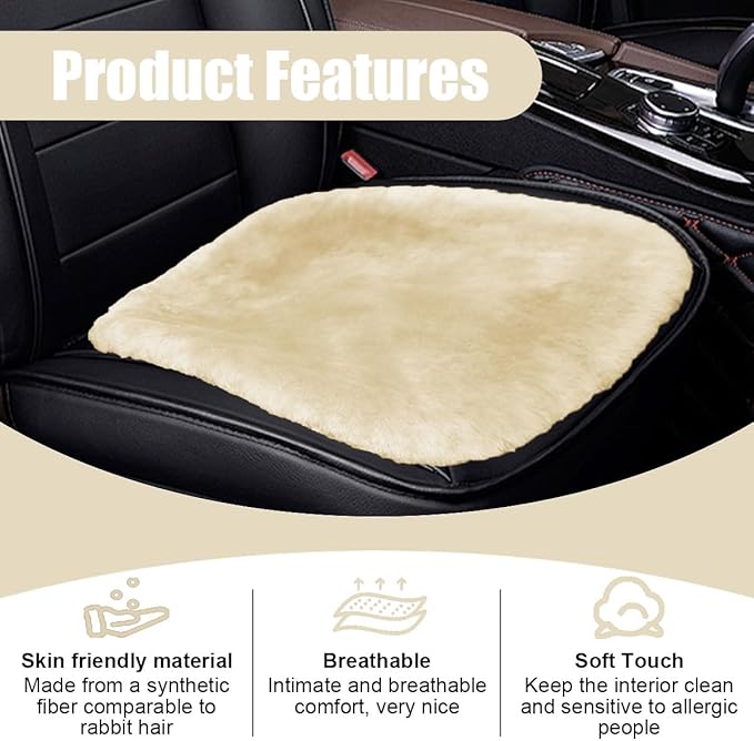 Sheepskin Car Seat Cushion, Soft Comfort Winter Driver Seat Cover, Fluffy Faux Fur Front Seat Pad, Car Seat Protector Pad for Office Chair, Universal Interior Accessory for Car SUV Truck (Beige)