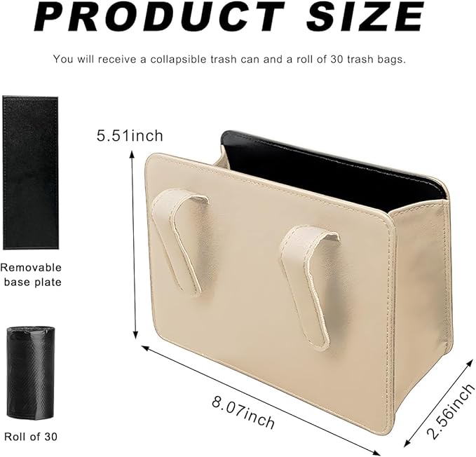 Car Trash Can, Leather Mini Dustbin Auto Storage Container with One Roll Trash Bag, Waterproof Foldable Garbage Organizer Interior Hanging Bag for Most Vehicles, Car Accessories (Beige)