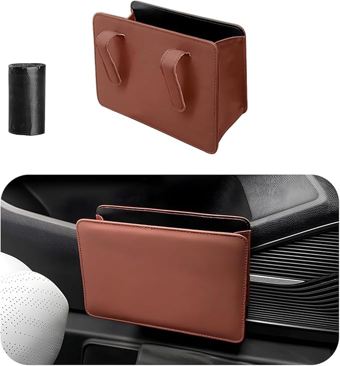 Car Trash Can, Foldable Waterproof Leather Car Garbage Organizer Holder, Automotive Mini Dustbin Container with One Roll Trash Bag, Universal Interior Car Accessories (Brown)