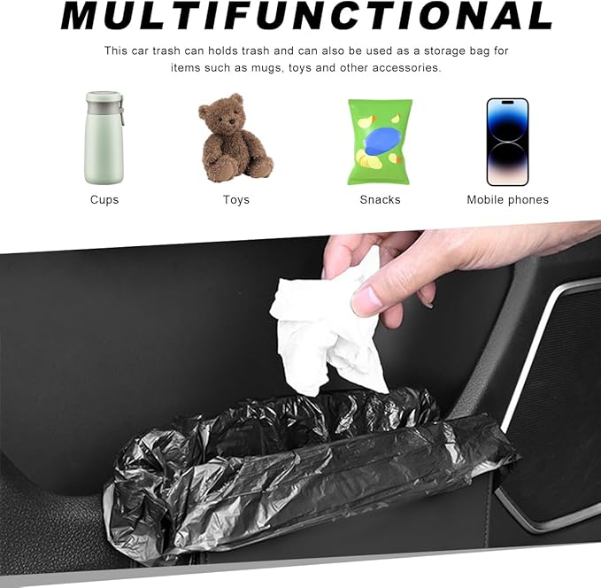 Car Trash Can, Leather Mini Dustbin Auto Storage Container with One Roll Trash Bag, Waterproof Foldable Garbage Organizer Interior Hanging Bag for Most Vehicles, Car Accessories (Beige)