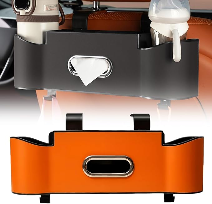 3-in-1 Car Backseat Organizer, Upgrade Seat Back Storage Box with Cup Holder & Hooks, Holds Phones Snacks Drinks Handbags for Tidy Car (Orange)