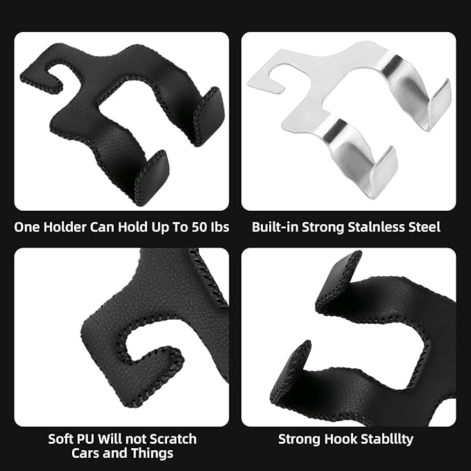 Headrest Hooks for Car, Car Back Seat Storage Organizer Purse Holder Bags Upgraded 2 in 1 Durable Leather Purse Hanger Car Essentials for Women Interior Accessories,1-Pack,Black