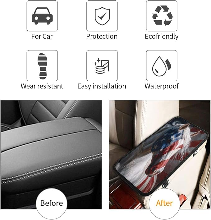 American Flag Horse Center Console Cover Pad, Car Armrest Seat Box Cover Cushion Universal for Most Vehicle SUV Truck, Car Interior Accessories Decor, Protect from Pet Claws & Dirt