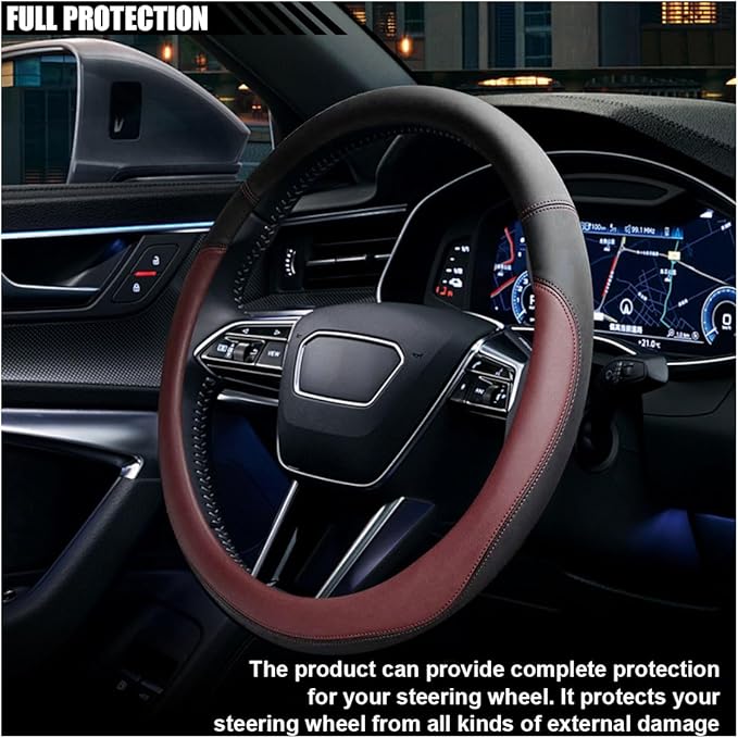 14.5"-15" Car Steering Wheel Cover, Microfiber Leather Cover, Anti-Slip Breathable Steering Wheel Decoration, Universal Steering Wheel Accessories for Diverse Cars (Burgundy)