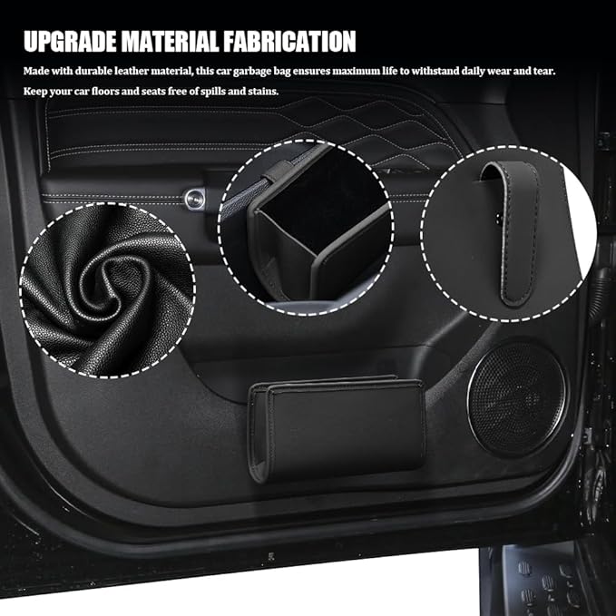 Car Trash Can, Leather Vehicle Trash Bin, Car Dustbin Garbage Organizer Holder, Universal Interior Accessories Foldable Hanging Mini Cars Storage Bag Container Fits for Car, Home (Black)